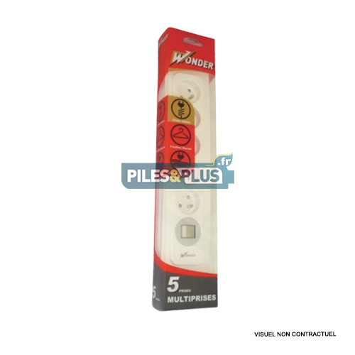 Bloc Multiprises 5 prises secteur + interrupteur - BLANC