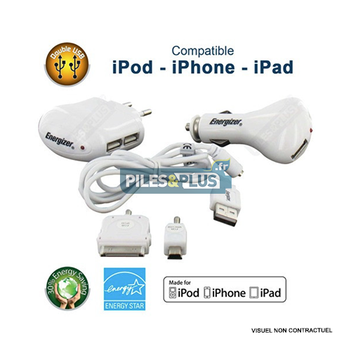 [EN068142] Chargeur Energizer 3 en 1 2USB Allume-cigare pour téléphone iPhone 4